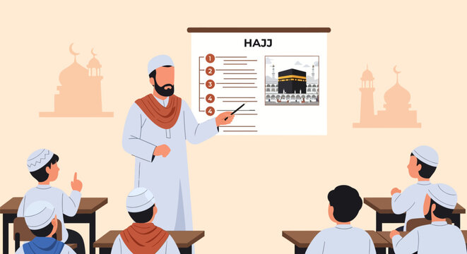 Muslim Teacher Explaining Hajj Pilgrimage Rituals to Students in Classroom, Flat Vector Illustration of Islamic Religious Education