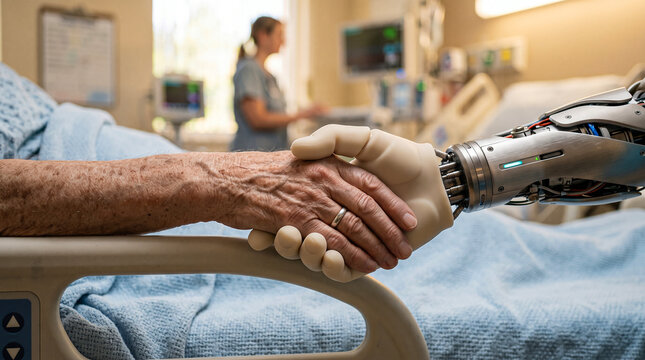 Elderly human hand gently shaking soft textured medical cyborg robot fingers