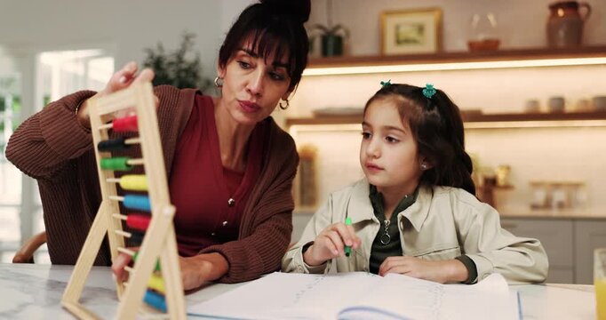 Mother, child and teaching in home with abacus, homework discussion and learning math for development. Woman, talk and daughter in house with counting tool, school assessment and help for education.
