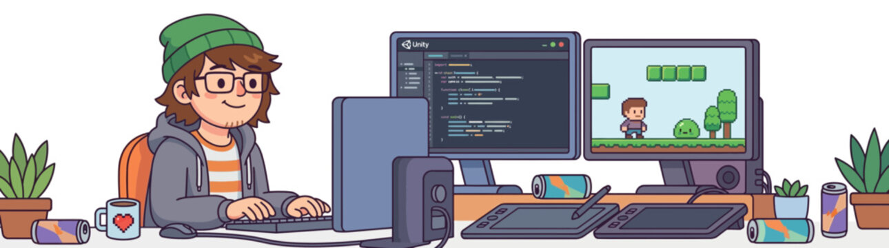 Young Game Developer Coding at Desk with Dual Monitors and Plants