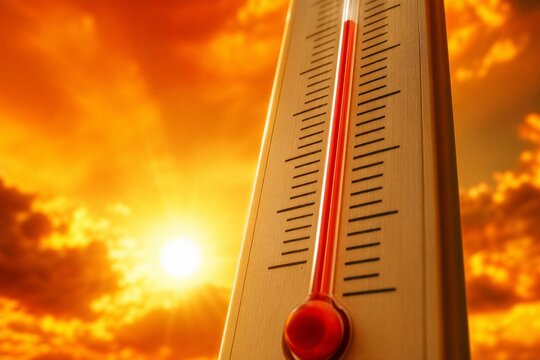 Outdoor thermometer showing dangerously high temperatures against a dramatic sunset sky, conceptualizing global warming, extreme heatwave, and climate crisis.