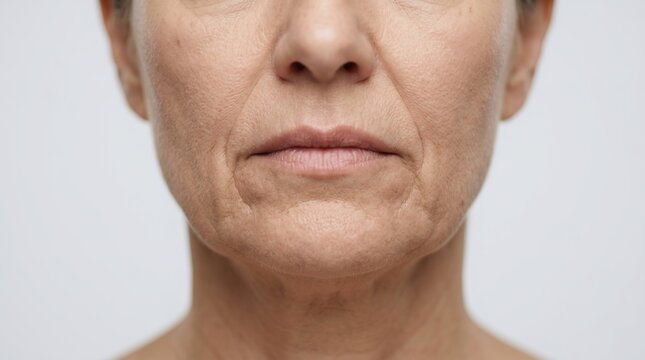 Frontal close up view of mature woman lower face showing deep nasolabial folds wrinkles and sagging lip lines