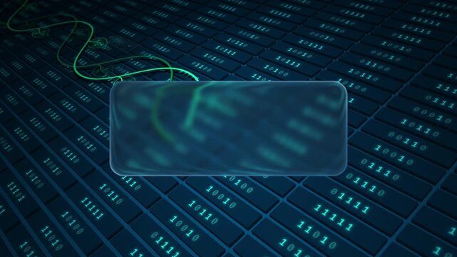 Glowing plant circuit flowing across binary server grid with glassmorphism panel, seamless loop