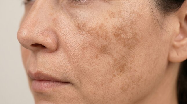 Side view portrait of Caucasian mature woman with severe melasma patches and sun spots on cheek skin texture