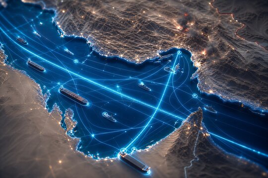 Satellite view of the Strait of Hormuz and Persian Gulf, highlighting geopolitical maritime routes, naval traffic, and energy security amidst regional tensions involving Iran and