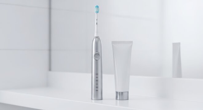 Electric toothbrush and toothpaste on sink.