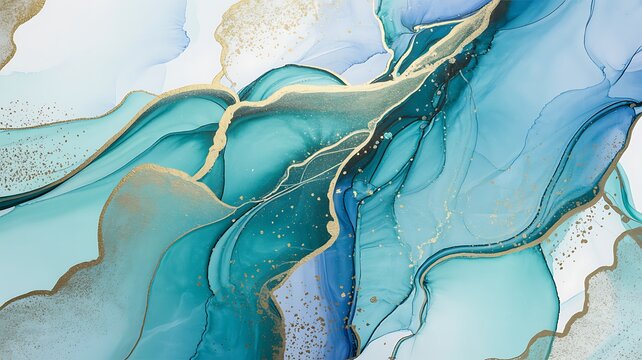 Abstract blue and gold marble texture with flowing alcohol ink background