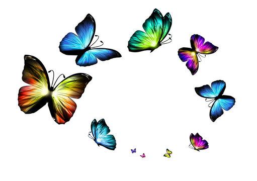 Vibrant neon 3D butterflies flying in a circle wreath frame isolated on transparent background