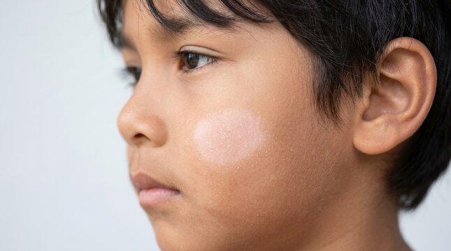 Side profile of young boy with a white patch of pityriasis alba or dry eczema skin condition on his cheek