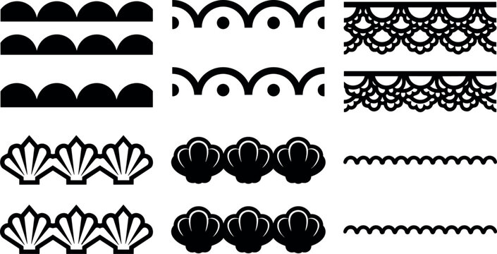 Black vector scallop shell lace and semi circle ornamental borders
