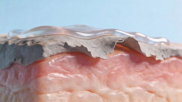 Microscopic cross section 3d rendering of clear cosmetic gel smoothing over dry peeling epidermis layer