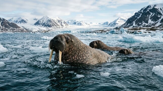 Majestic Walrus Emerges from Arctic Waters Amidst Icy Landscape.