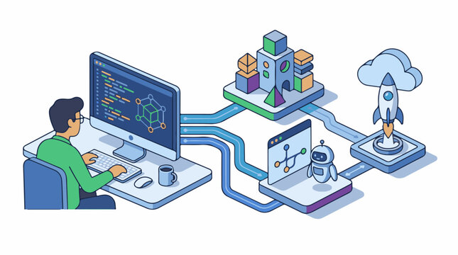 Programmer coding data flow AI and rocket launch illustration