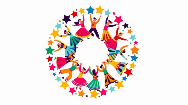 Diverse people dancing in circle formation with colorful stars