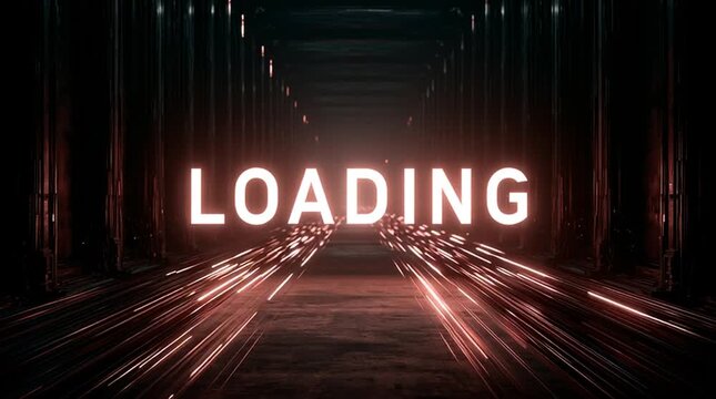  futuristic corridor filled with moving light patterns and gigantic luminous typography reading LOADING. Advanced digital environment representing technology, innovation and future systems.