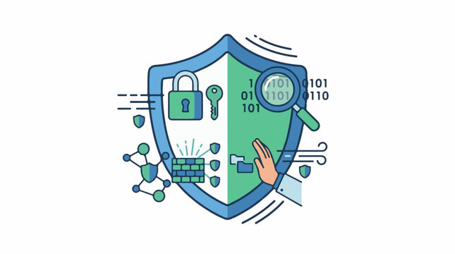 Digital shield with padlock key binary code and magnifying glass