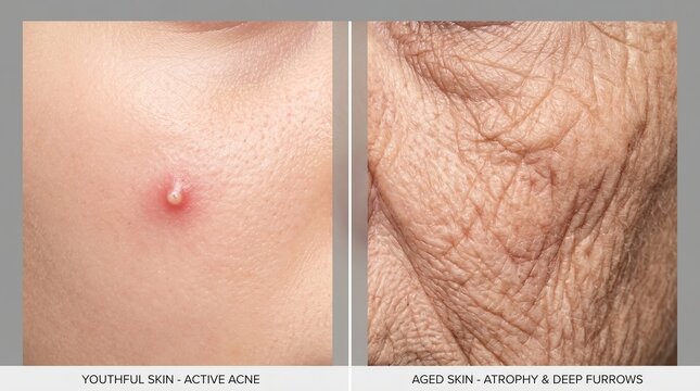 Before and after grid comparison showing youthful skin with active acne vs old aged skin with deep furrows wrinkles