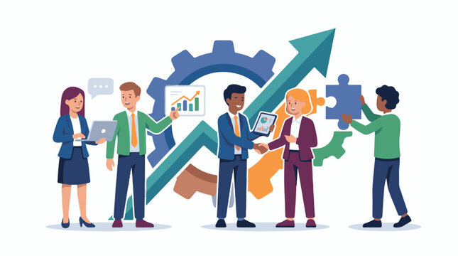 Diverse business team collaborates on growth strategy using data and puzzle pieces