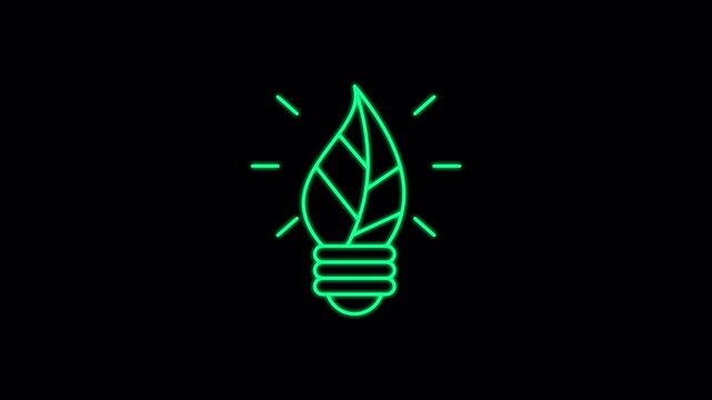 Green energy glowing neon lineart with alpha channel on transparent background. 4k motion graphic. Renewable Energy Icon Set Animation. Suitable for environment content.
