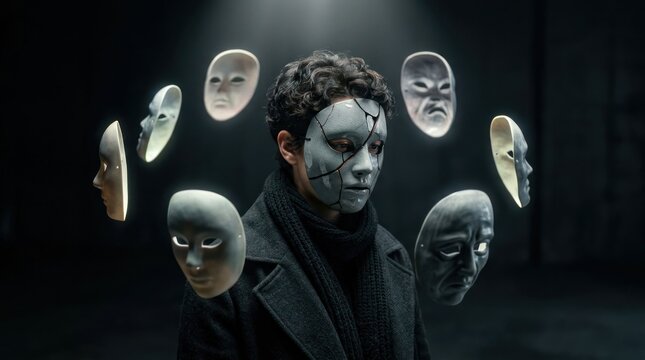 Man with Multiple Masks Floating Around Him Symbolizing Identity and Personality.