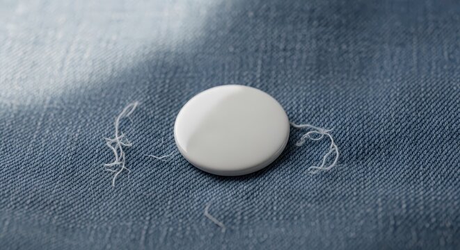 Sewing button on denim fabric closeup.