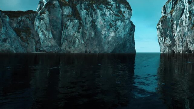 Large rock formations stand near calm water in an open space. The clear sky is bright, reflecting light on the surface of the water. This scene captures natures structure.