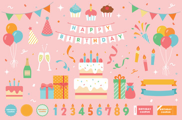 Fototapeta premium 誕生日パーティーのイラストセット ケーキ プレゼント 飾り リボン 風船 キャンドル ガーランド