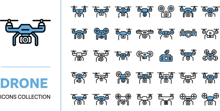 Drone icons collection vector template featuring variety of blue and black outline flying quadcopter camera glyphs