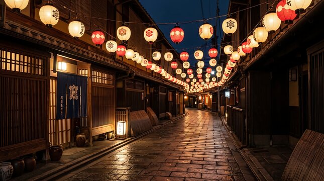 Traditional Japanese Street Illuminated by Hanging Paper Lanterns at Night in Gion District
