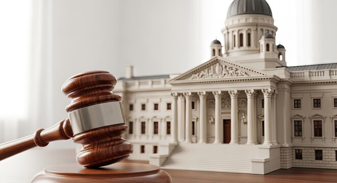 Judge gavel with legislative capitol building miniature model.