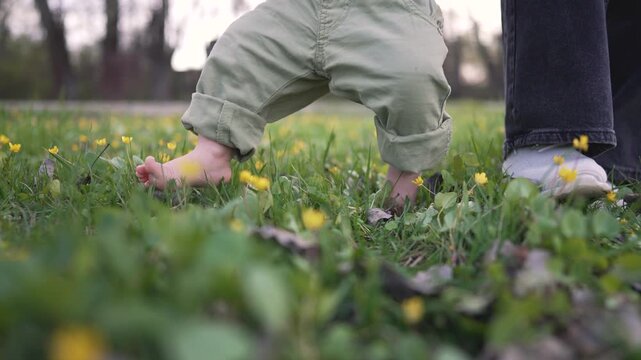Toddler takes first steps in grass with father. Barefoot child learns to walk. Father supports toddler guiding first steps. Family bonding moment. Toddler and father step into nature learning to walk.