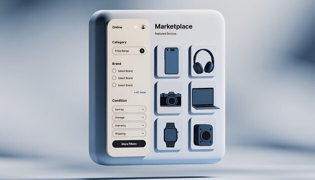 3D Isometric Ecommerce App Interface With Filter Sidebar Showing Category Brand Condition And Price Options Beside Marketplace Grid Of Phone And Headphone Product Thumbnails On Neutral Background