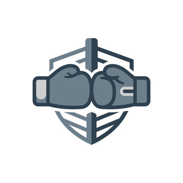 Two boxing gloves clashing over ropes and shield.