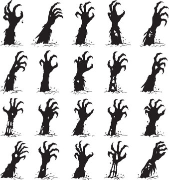 Set of zombie hands rising from the ground black vector silhouettes for halloween spooky graveyard theme.