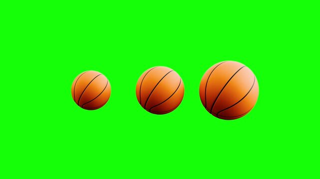3 Pulsing Basketball Balls, Loading Loop Animation. Green Screen Chroma Key, Black and White Background