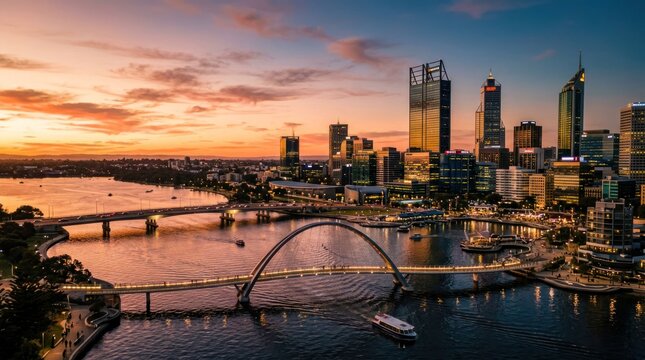 Perth City Skyline at Sunset with Swan River and Matagarup Bridge.