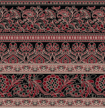Ajrakh Jaipuri Pattern , Vintage Ajrakh, Maroon Color, paisley border  Print, Ethnic, Red Ajrak pattern.