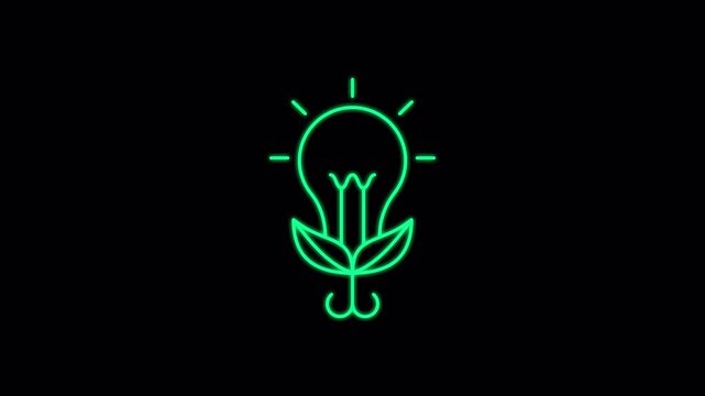 Green energy glowing neon lineart with alpha channel on transparent background. 4k motion graphic. Renewable Energy Icon Set Animation. Suitable for environment content.