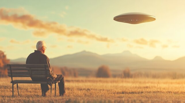 Elderly man sitting on a bench in a field is observing a ufo flying in the sky during a beautiful sunset, creating a mysterious and surreal atmosphere