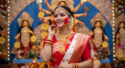 Obraz premium Beautiful Indian Woman Joyfully Celebrating Durga Puja Festival in Traditional Saree and Jewelry