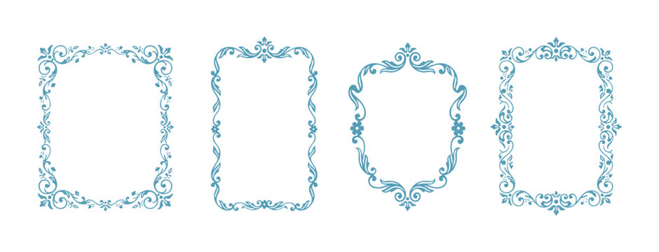 Collection of four ornate turquoise decorative frames and borders with vintage floral scrollwork elements and elegant swirls