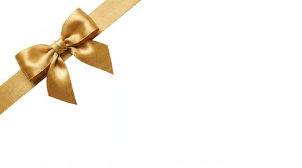 Fototapeta premium Gold satin ribbon with a beautifully tied elegant bow diagonally crossing the top left corner of a clean solid white background