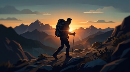 Obraz premium Silhouette of a Hiker Ascending a Mountain at Sunrise.