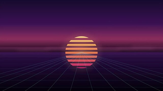 Vibrant retro synthwave sunset on a futuristic geometric grid background