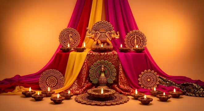 Vibrant Diwali Celebration: Glowing Diya Lamps, Elephant, and Traditional Indian Decorations