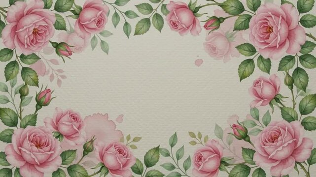 Beautiful slow moving border frame made of hand painted pink watercolor roses leaving a blank space for text