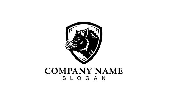 Wild Boar Head Silhouette Logo Emblem on Shield with Text Space