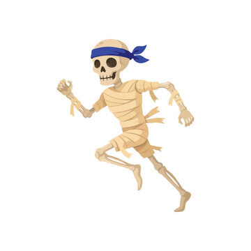 Cartoon skeleton mummy character running with blue headband for halloween party celebration and spooky fun holiday