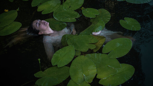 Mystical Slavic mermaid floating in deep lake water among green water lilies, pagan nymph undine in white lace dress, dark fairytale and mythology concept