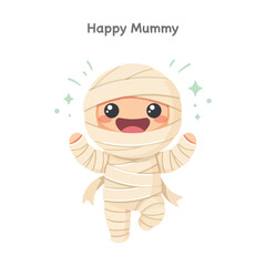 Fototapeta premium Cute happy mummy character for halloween celebration featuring a smiling bandaged figure with sparkling accents on white